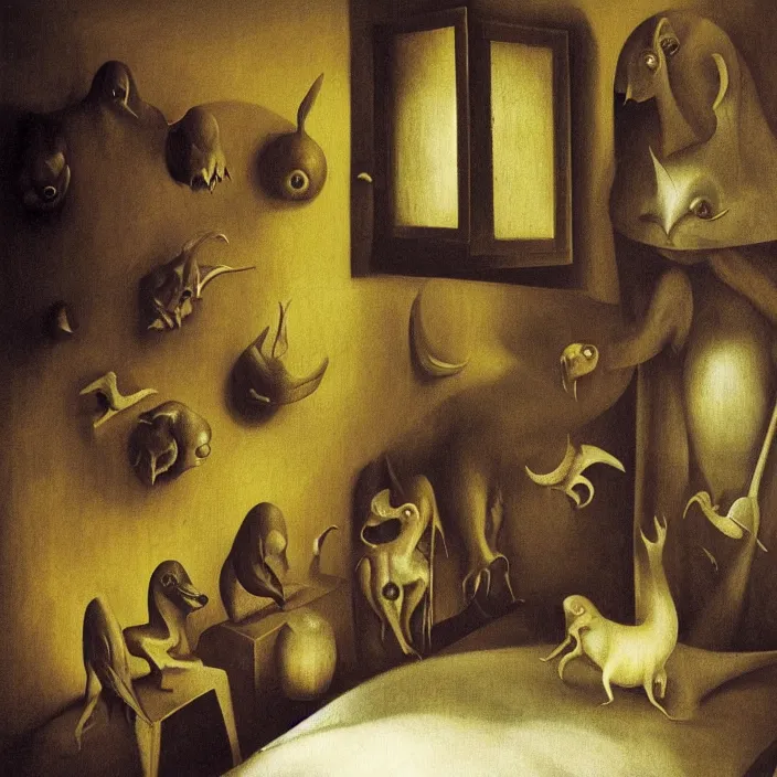 Image similar to group of creatures with distinct personalities, in an urban hotel room, close - up of the faces : : surreal architecture, chiaroscuro lighting, mysterious atmosphere : : oil painting by leonora carrington, hieronymus bosch and edward hopper, ultra - detailed technical precision : : matte painting, high definition, octane render, unreal engine, 8 k