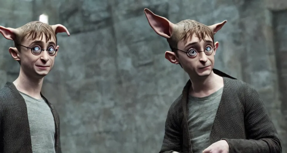 Image similar to Daniel Radcliffe as Dobby the house elf, movie still