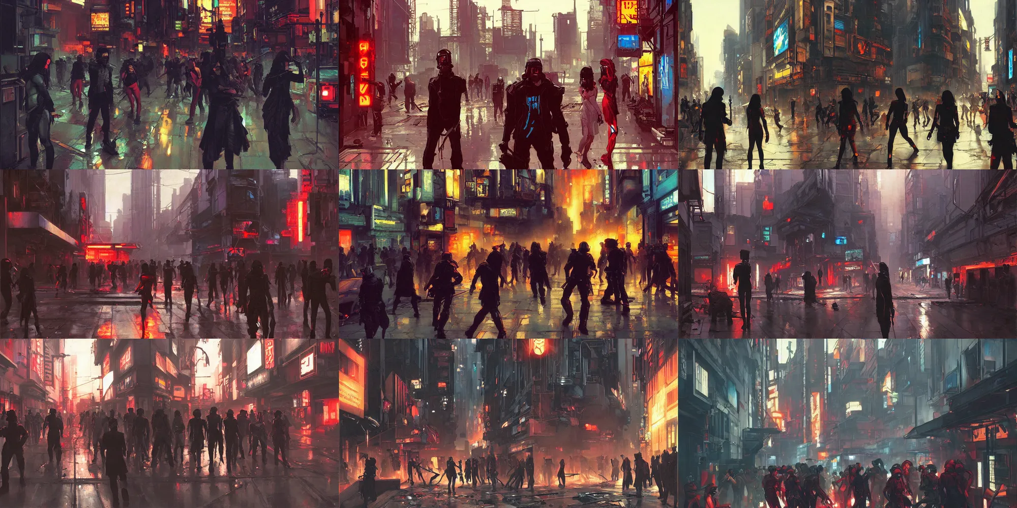 Prompt: A cyberpunk street riot painted by John William Waterhouse and Ilya Kuvshinov and Edward Hopper. HD