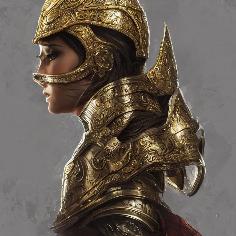 Image similar to a portrait of an attractive young female, ornate metallic helmet, clothed in battle armor, olive skin, long dark hair, beautiful bone structure, symmetrical facial features, intricate, elegant, highly detailed, digital painting, trending on Artstation, concept art, smooth, sharp focus, illustration, in the style of artgerm and greg rutkowski and alphonse mucha