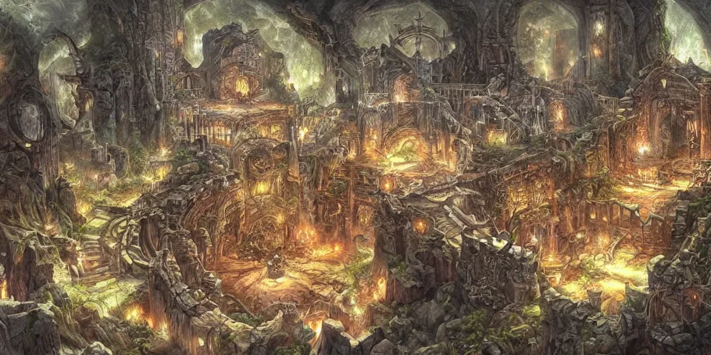 Prompt: a map of a dungeon, detailed fantasy painting by artgerm, noriyoshi ohrai, yuumei