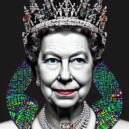 Image similar to mosaic portrait of a beautiful queen elizabeth with robot ears by Saimir Strati, 4k, intricate details, digital, water