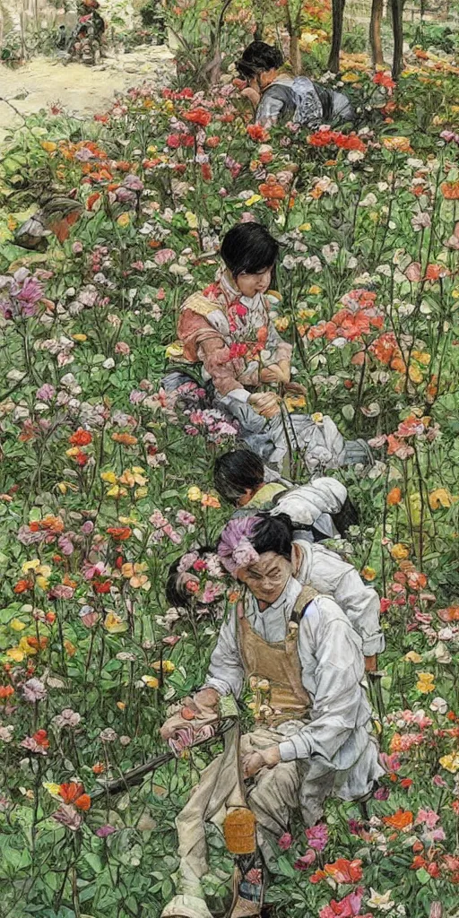 Image similar to oil painting scene from gardeners in the flower garden by kim jung gi