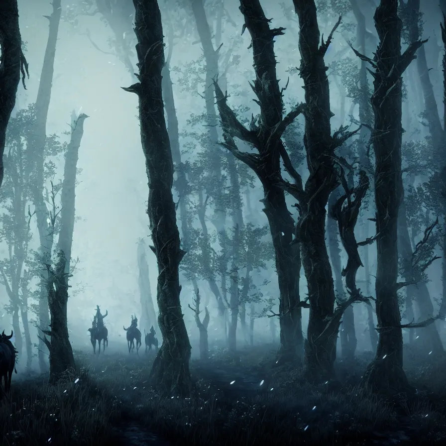 Image similar to the wild hunt, spectral riders in the full moon, lurking creepy woods, shadow creatures, dark enchanted forest, blizzard, fog, treacherous road, uneasy atmosphere, from the witcher series, cinematic, arnold gpu + octane workflow, 8 k, unreal 5, hyperrealist, intricate digital art, volumetric lighting, trending artstation, dark fantasy