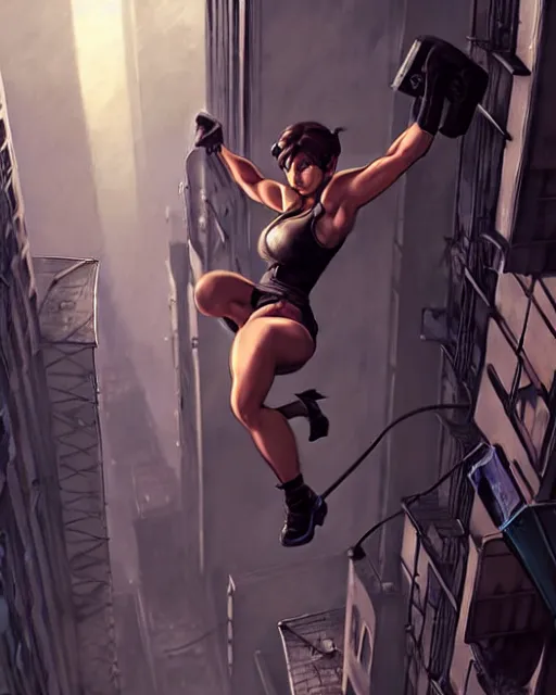 Image similar to gigachad jill valentine bodybuilder swinging from a building with a rope in racoon city, fantasy character portrait, ultra realistic, anime key visual, full body concept art, intricate details, highly detailed by greg rutkowski, ilya kuvshinov, gaston bussiere, craig mullins, simon bisley