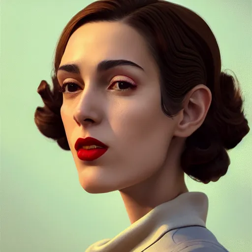 Image similar to A videogame portrait of a Spanish young woman with high cheekbones. Good bone structure. Dressed in 1940s style. Highly detailed, fine Art, high detail, great lighting, 8k resolution, masterpiece, concept art, illustration, clear eyes, painting oil on canvas, octane render, HDR, trending on artstation, 4k, 8k, HD