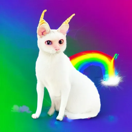 Image similar to siamese cat with a unicorn horn, rainbow background, sparkly aura around cat