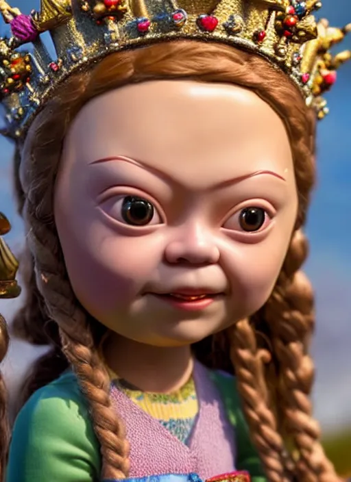 Image similar to highly detailed closeup, face profile portrait of greta thunberg as a tin toy fairytale princess wearing a crown eating cakes, bikini, unreal engine, nicoletta ceccoli, mark ryden, earl norem, lostfish, global illumination, detailed and intricate environment