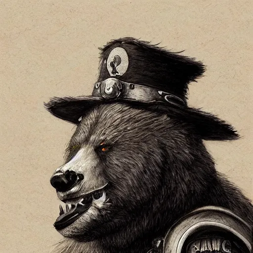 Image similar to dashing charming grinning charismatic bear beast-man rogue, wearing captain's tricorne hat, naval background, amazing, lifelike award winning pencil illustration trending on art station artgerm Greg rutkowski cinematic