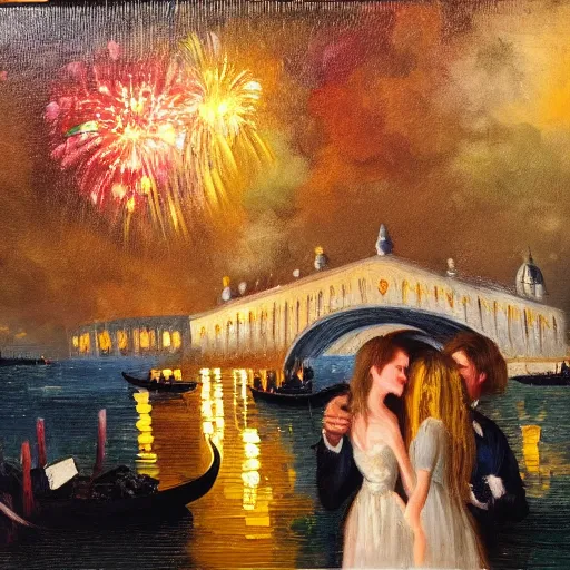 Image similar to an oil painting of couple kissing, in a background fireworks in venice