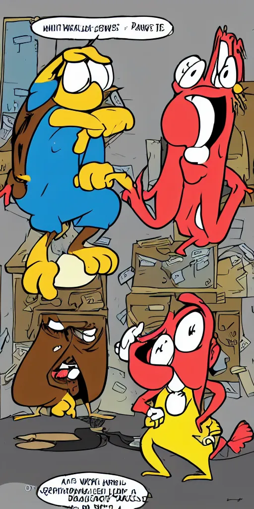 Prompt: cartoon characters wren and stimpy as miserable bedraggled adults who work at a startup in san - francisco for less than 1 5 0 k a year combined income, essentially placing them essentially below the poverty line