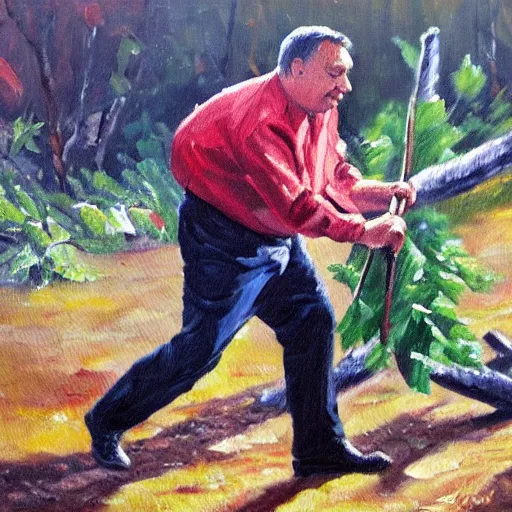 Image similar to viktor orban chopping a tree, oil painting