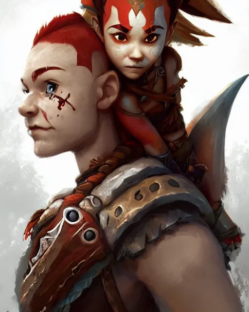 Image similar to cute little anthropomorphic kratos and aloy cute and adorable, pretty, beautiful, dnd character art portrait, matte fantasy painting, deviantart artstation, god of war, horizon zero dawn, by jason felix by steve argyle by tyler jacobson by peter mohrbacher