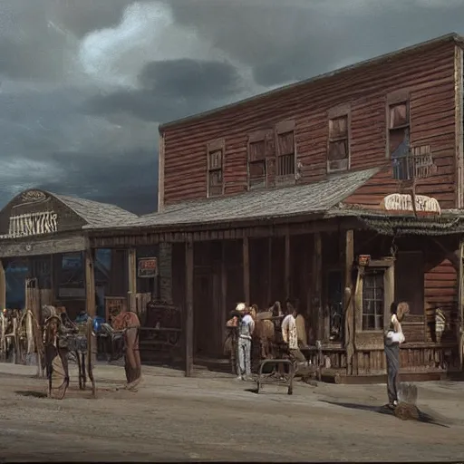 Prompt: from a movie scene, painting of a western saloon exterior in old town, gregory crewdson