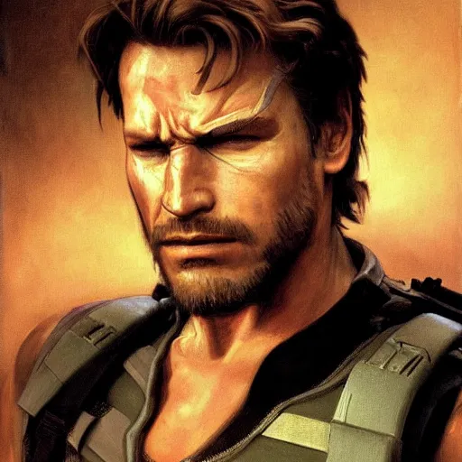 Image similar to Painting of Arnnold Schwarzenegger as Metal Gear Solid character Solid Snake. Art by william adolphe bouguereau. During golden hour. Extremely detailed. Beautiful. 4K. Award winning.