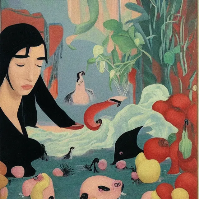 Image similar to female emo art student in her apartment, painting of flood waters inside an artist's feminine bedroom, a river flooding indoors, pomegranates, pigs, ikebana, water, octopus, river, rapids, waterfall, black swans, canoe, berries, acrylic on canvas, surrealist, by magritte and monet