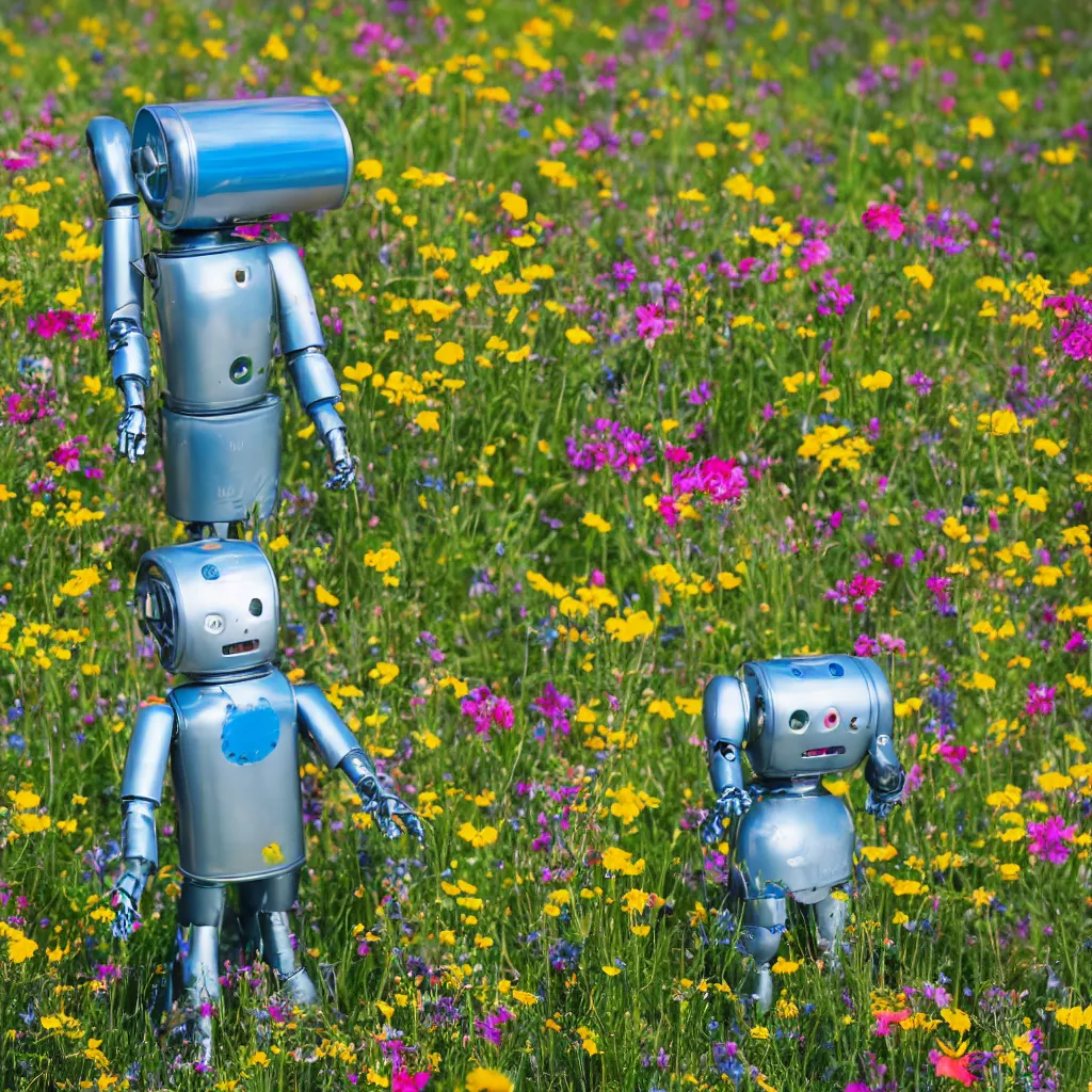 Prompt: a tin can robot in a colourful flower meadow in the alps, sunny weather, Carl Zeiss 85mm lens, bokeh