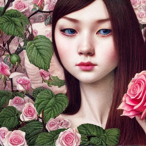 Image similar to white girl, cat eye, botanical, rose, portrait face, colorful, kupka, intricate, miles johnston, kuroda seiki, ozabu, godward, painterly, yoshitaka amano, moebius, miles johnston, louise zhang, james jean, mark ryden lowbrow pop surrealism art style