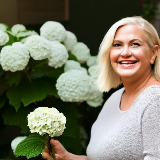 Image similar to 6 0 year old curvy blonde woman, welcoming grin, surrounded by hydrangeas, with a small white happy dog at her side, portrait, headshot, detailed, high quality