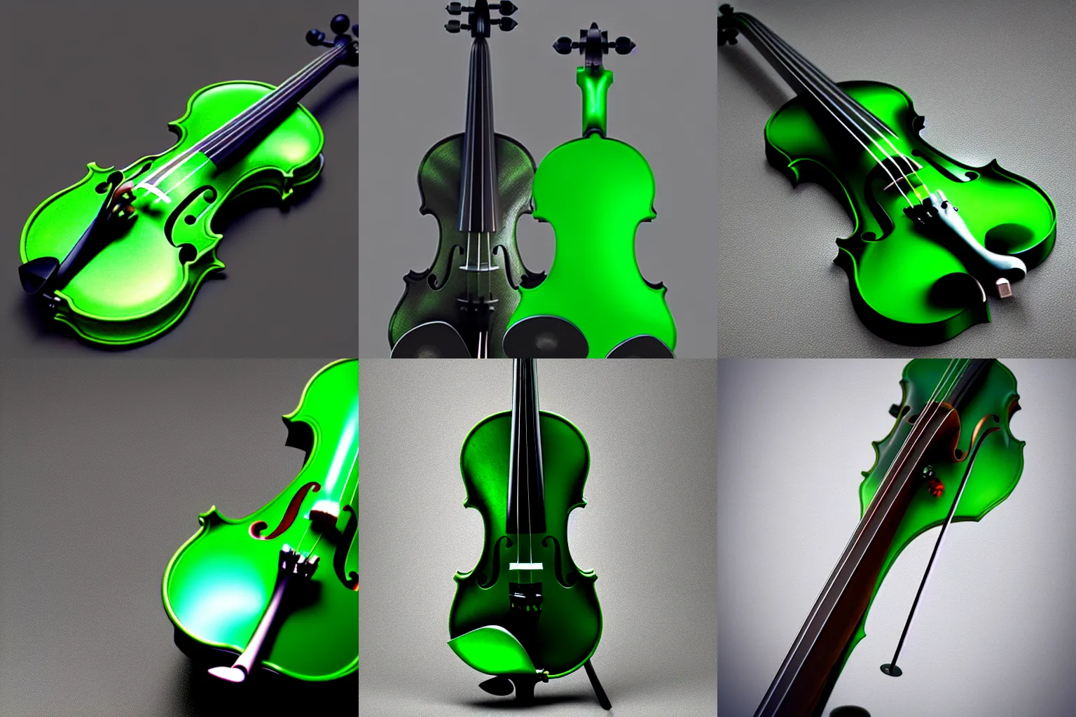 Prompt: cyberpunk violin made out of brushed stainless steel, green plexiglass elements, octane render, 8K, matte glossy, award winning photo, elegant, high-quality material