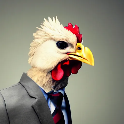 Image similar to a high quality photo of an antropomorphic chicken wearing a suit, 8k, digital art