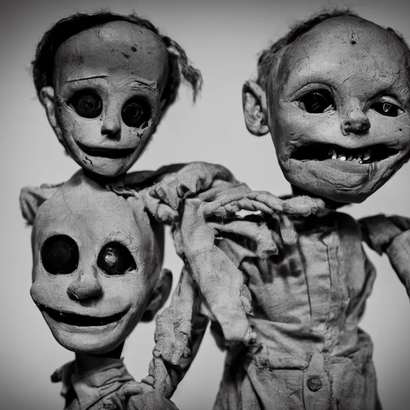 Image similar to creepy ventriloquist dummy in the style of roger ballen, 4 k, bw, portrait