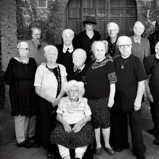 Image similar to an old age home for geriatric dark goths. photograph group portrait.
