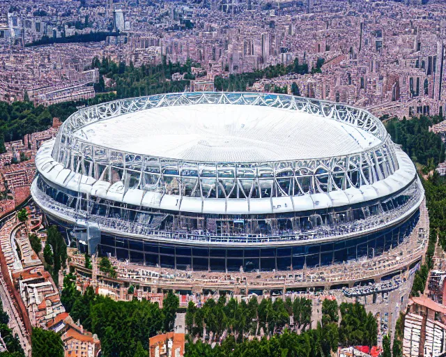 Prompt: 4 k hd, high resolution photograph of santiago bernabeu stadium from above, full colour, shot with sigma f / 4. 2, 2 5 0 mm sharp lens, wide shot, high level texture render