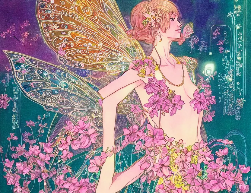 Prompt: fairy princess of circuit boards. gouache painting by award - winning mangaka, chiaroscuro, bloom, backlighting, intricate details