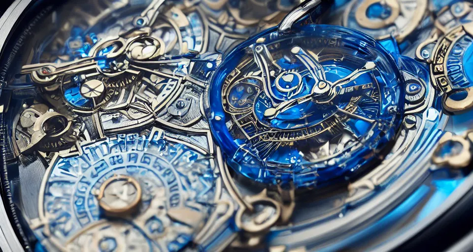 Prompt: a futuristic steampunk watch lying on a table, high detail, sharp focus, glowing blue interior components, fractal detail, depth of field, bokeh, cinematic lighting and composition, by syd mead and greg rutkowski and android jones, rolex