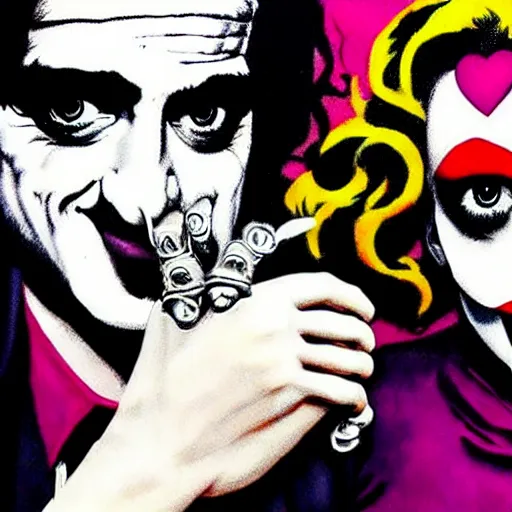 Image similar to mimmo rottela and banksy as joaquin phoenix skinny joker holding hand lady gaga harley queen, photorealistic, intricate details, pop art style, baroque, hyperdetailed, concept art, ultrarealistic, 3 colors