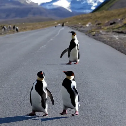 Prompt: penguins in bandanas walking across the road