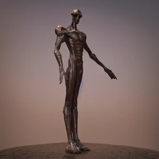 Image similar to A Really tall fancy alien Statue on a museum, unreal engine 5, octane, 4d