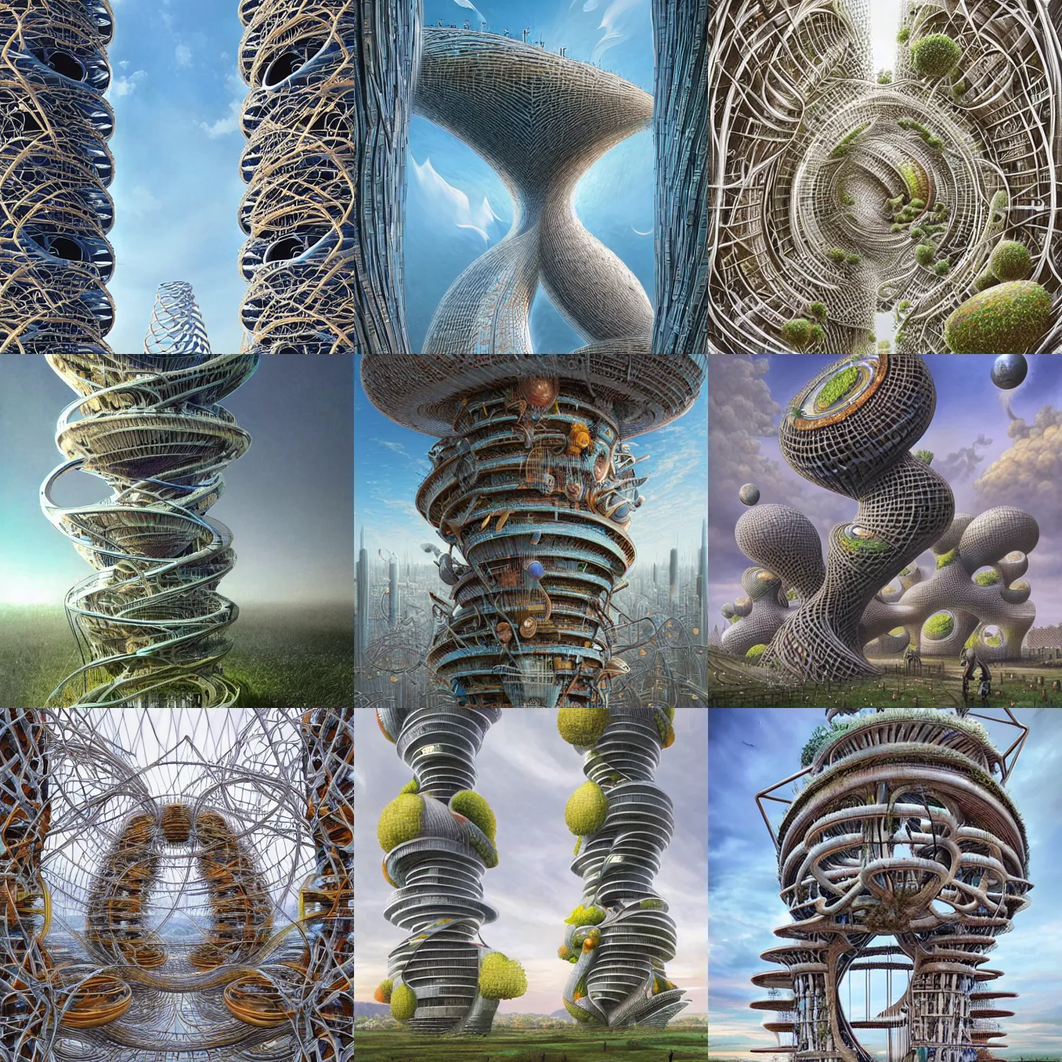 Prompt: organic towers connected by bridges, random circular platforms, ladders, doors, windows by naoto hattori and peter gric