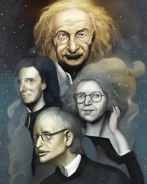 Image similar to Portrait Isaac Newton Stephen Hawking Albert Einstein by charlie bowater elina brotherus greg rutkowski Dan Witz paul klee jamie wyeth victo ngai