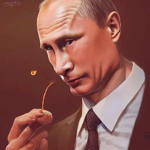 Prompt: Vladimir Putin eating a donut, made by Stanley Artgerm Lau, WLOP, Rossdraws, ArtStation, CGSociety, concept art, cgsociety, octane render, trending on artstation, artstationHD, artstationHQ, unreal engine, 4k, 8k