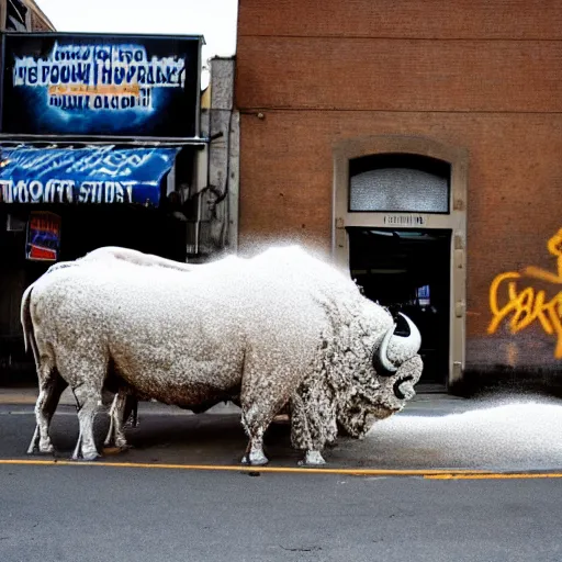 Image similar to a buffalo covered in flour in the middle of the street, graffiti art