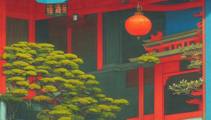 Prompt: a vibrant dream of looking out from a balcony at a japanese painted lantern shop on a fancy street in kyoto japan during the day, lush plants, magic details, by moebius, edward hopper, james gilleard, and james jean, hd, 8 k, trending on artstation, uhd,