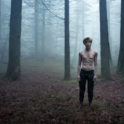 Prompt: pale, scared, shirtless, teenage boy hiding behind a rock in eerie forest. twilight, foggy. photo 8 k.