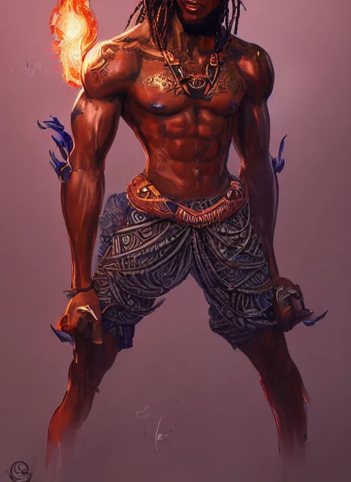 Image similar to a highly detailed illustration of attractive young african guy with flat top hair, with flaming tattoos, dramatic standing pose, intricate, elegant, highly detailed, centered, digital painting, artstation, concept art, smooth, sharp focus, league of legends concept art, wlop