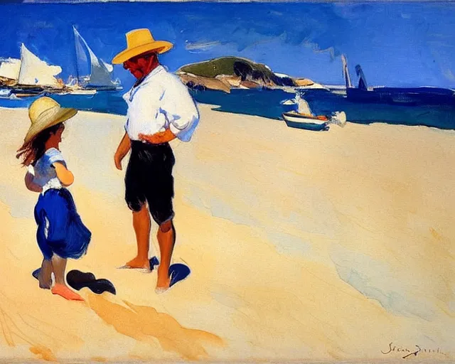 Image similar to a couple and a girl toddler on a beach in sardinia looking at a sailing boat, the man is wearing a panama hat, the woman has long dark hair, white sand, blue sky, summer, white and blue, painting by joaquin sorolla