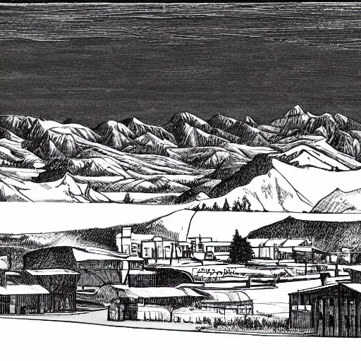 Prompt: cel-shaded drawing of the city of Stanley, Idaho, with the Sawtooth mountains in the background, by Moebius