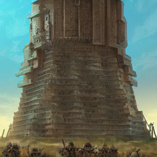 Prompt: Illustration of the tower of Babylon fortified and defended by robot soldiers, intricate details, sharp, concept illustration, digital art, trending on ArtStation