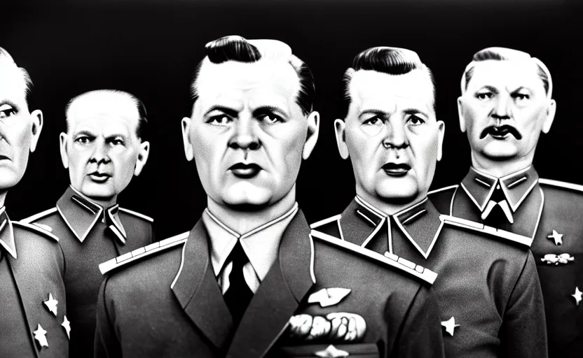 Image similar to 50s movie still close-up portrait of three individual elder soviet generals with very diverses faces in a stalinist style hall, by Irving Penn, Cinestill 800t 50mm black and white, heavy grainy picture, very detailed, high quality, 4k, HD criterion, precise texture, facial precision, diverse haircuts, diverse ages, each faces precisely define