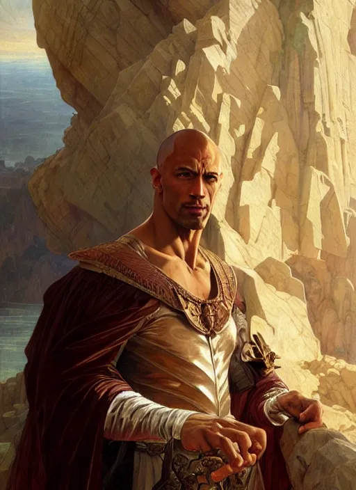 Image similar to renaissance painting of the rock as judge dreed, d & d, fantasy, intricate, elegant, highly detailed, digital painting, artstation, concept art, smooth, sharp focus, illustration, art by artgerm and greg rutkowski and alphonse mucha