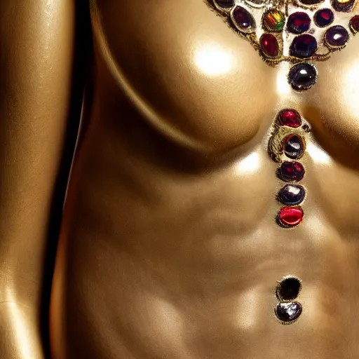 Image similar to female torso and head in curved position with visible gems inlaid in skin with anatomic description, antique style, skeleton, gems, cameo, gold, 8k, details, studio lighting, realism, complex lights