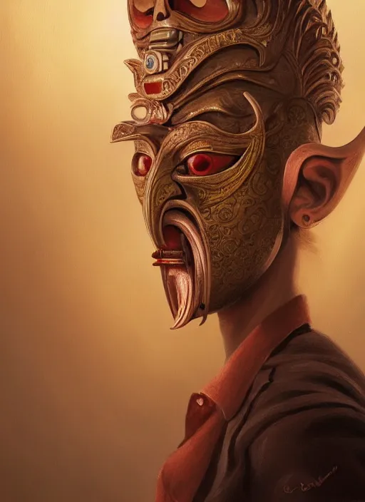 Image similar to a beautiful detailed oil on copper art illustration of a japanese tengu mask with big nose woman, elongated nose, centered, by charlie bowater, zeng fanzh, trending on artstation, dim dusk lighting, cinematic lighting, detailed lighting, volumetric lighting, realistic, f 8, 4 k hd wallpaper