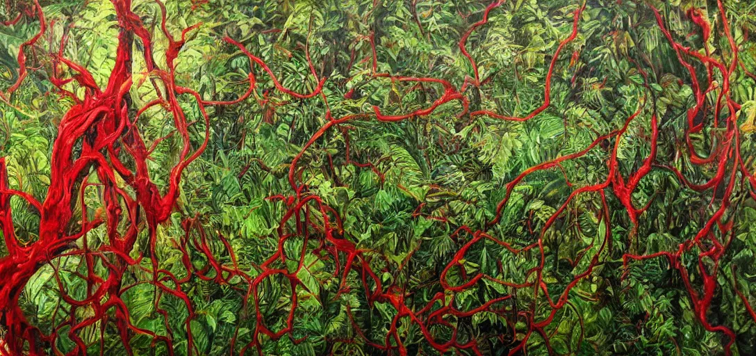 Image similar to hyperrealistic oil painting on canvas, hyperdetailed jungle made of blood and veins