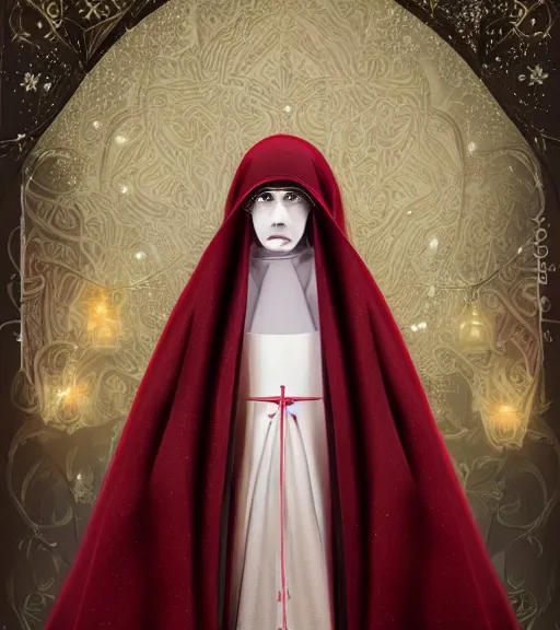 Image similar to beautiful female character inspired by venice carnival, christmas and nun | | digital artwork made by greg rutswork, anna dittmann, rosdraws and lois van barlee, symmetrical, anatomically correct, sitting on throne