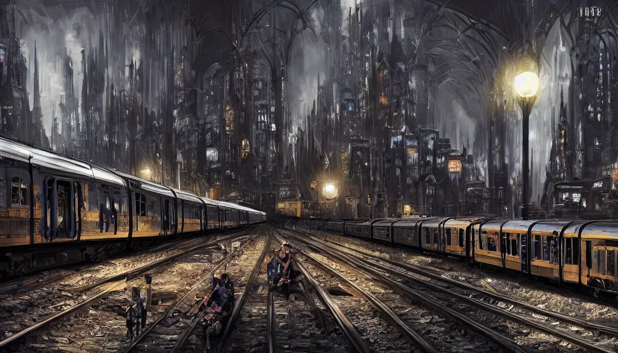 Image similar to neo - gothic gotham city crowded train station with trains, outside, night, hyperdetailed, artstation, cgsociety, 8 k